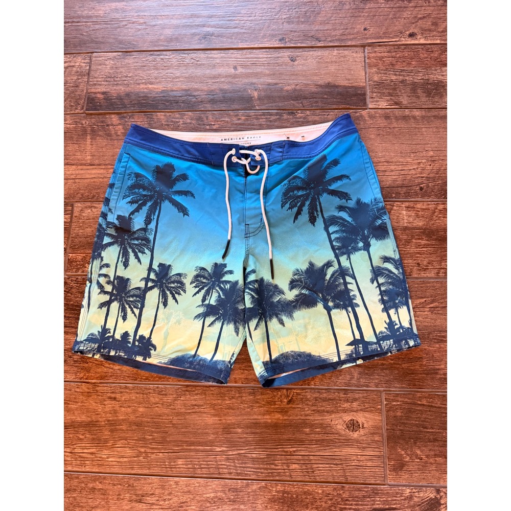 American‎ Eagle Mens Blue Tropical Palm Tree Ombre Board Shorts L